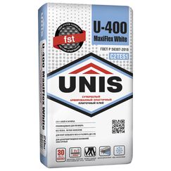 Клей для плитки Юнис U-400 MaxiFlex White для внутренних и наружных работ, 20 кг, супербелый